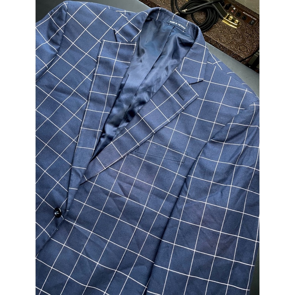 Paul Fredrick 44L Blue off White Windowpane Cotton Blazer Mens